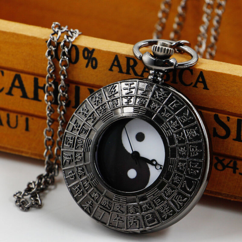 Новые часы в китайском стиле с уникальным дизайном, черные кварцевые карманные часы, женские и мужские антикварные часы с кулоном и ожерельем, подарок, мужские часы