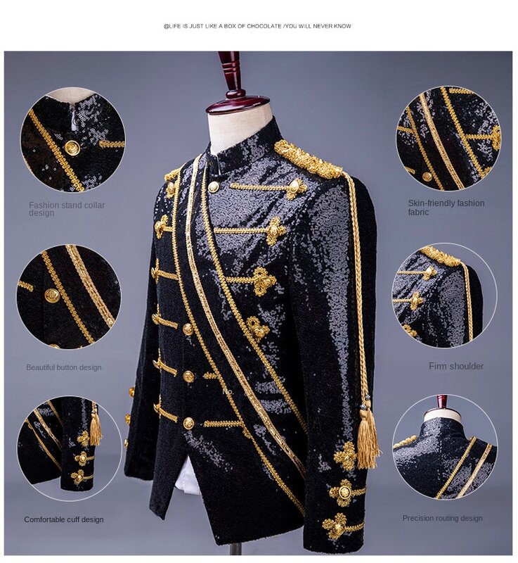 Male Black Sequins European Courtly Style Menswear Costume Military Performance Dress Muslim Sets  Men's Suit