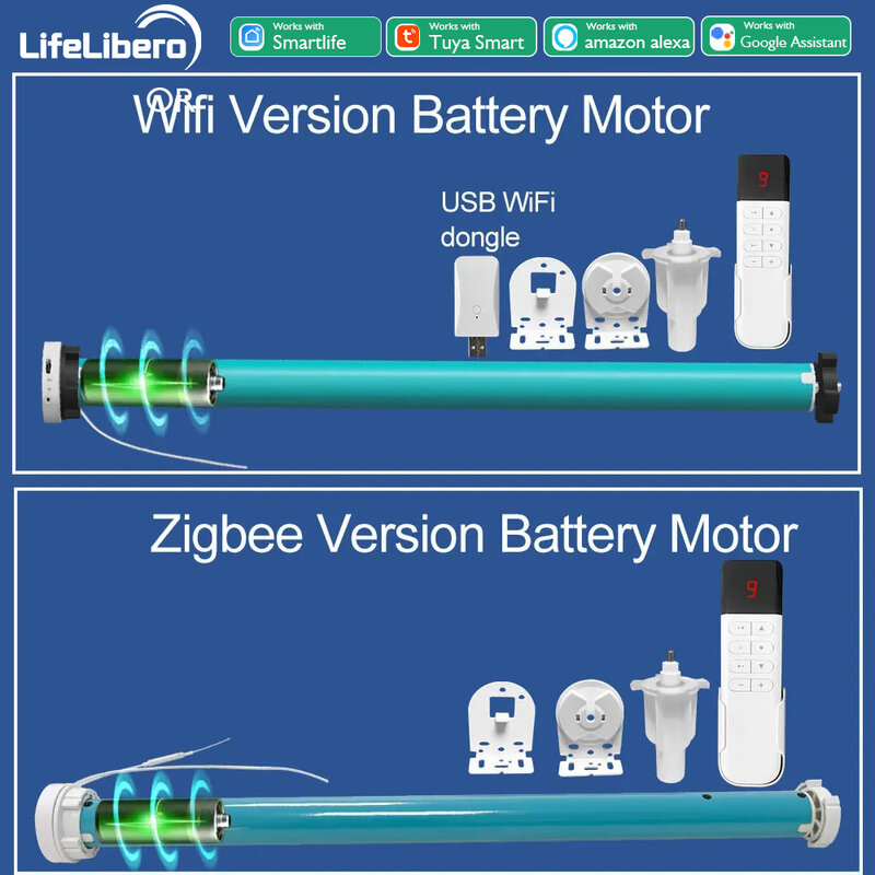LifeLibero-Persianas enrollables con Motor, persianas tubulares automáticas sin cable para tubo de 37 y 38mm, Tuya Zigbee o Wifi, batería inteligente