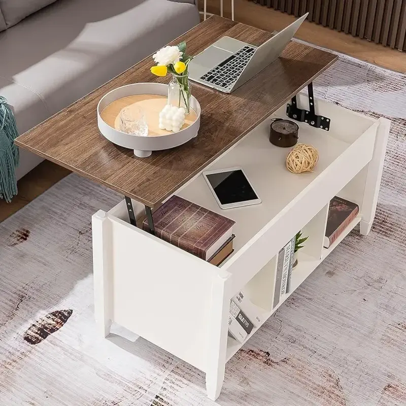 収納棚付きコーヒーテーブル,ガスリフト,ポップアップテーブル,隠しコンパートメント,白いテーブル