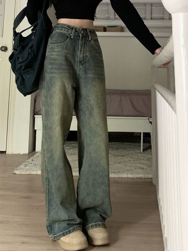 Celana panjang Denim Vintage 90S wanita, Jeans longgar lurus pinggang tinggi longgar kaki lebar, pakaian jalanan Semua cocok baru