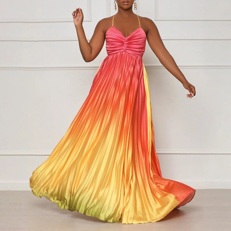 Seksowna damska Color Block Spaghetti bez pleców wieczorowa sukienka koktajlowa plisowana do podłogi elegancka suknia duży rozmiar lato nowa