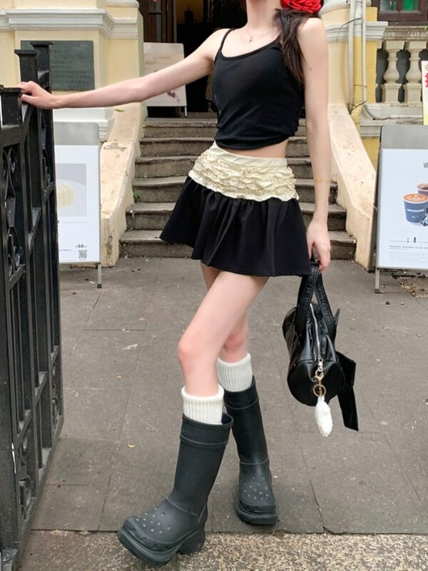 ADAirl rok Mini hitam antik untuk wanita, rok Mini pinggang tinggi lipat perca kontras model Korea imut musim panas