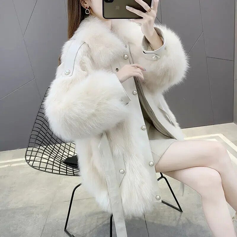 New Elegant Lady Fur Coat Women's Winter Faux Fox Fur Coat, high-quality Korean style fashion warm winter lace jacket