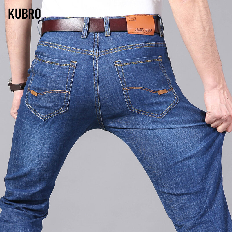 Jeansy męskie KUBRO letnie cienkie spodnie proste niebieskie dżinsy workowate w stylu Casual, biurowy spodnie denimowe wysoka elastyczność szerokie nogawki biznesowe męskie