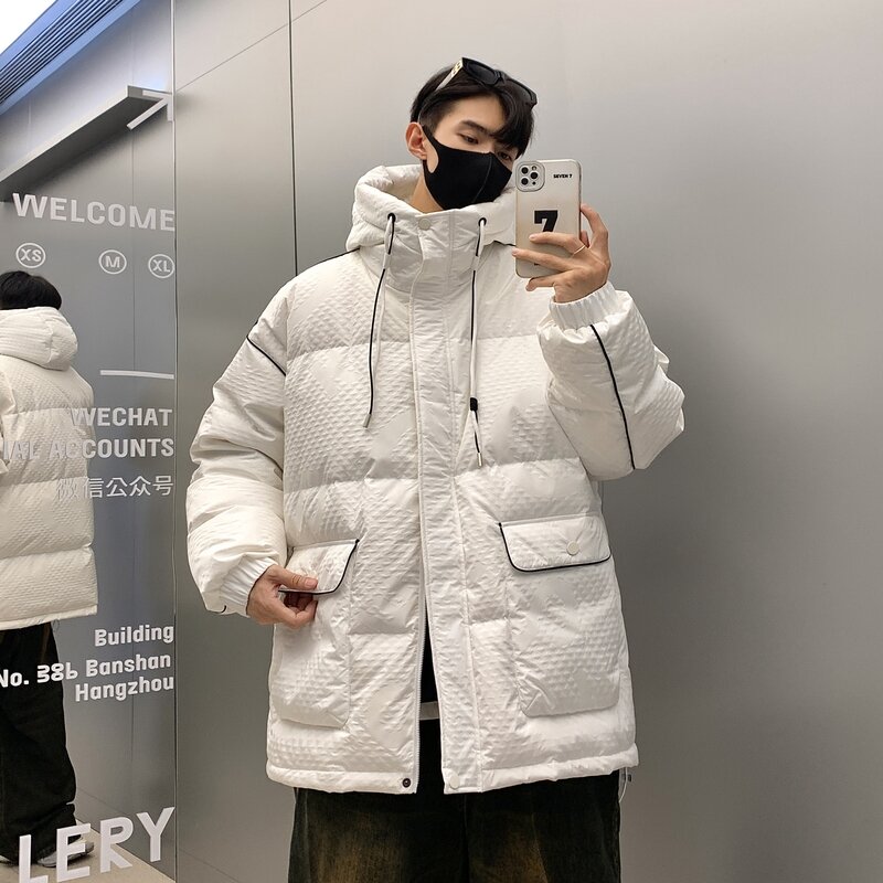 New 2023 Winter Casual Men's Solid White Duck Down Jackets Outwear Loose Warm Hooded Puffer Coats Windbreak Thick Padded Parkas