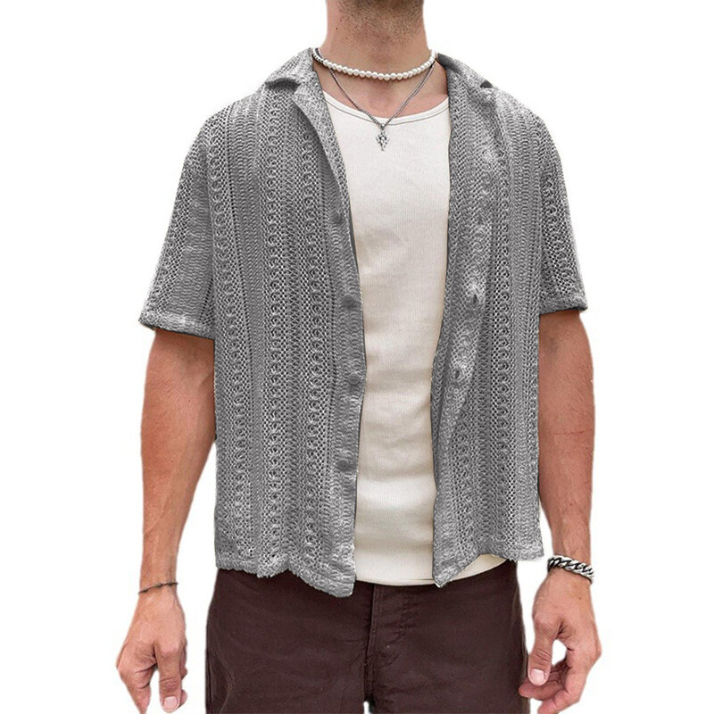 Summer Mens Knitted Shirts Beach Casual Solid Color Short-sleeved Tops Fashionable Hollow Out Knit Cardigan Male Knitting Shirt