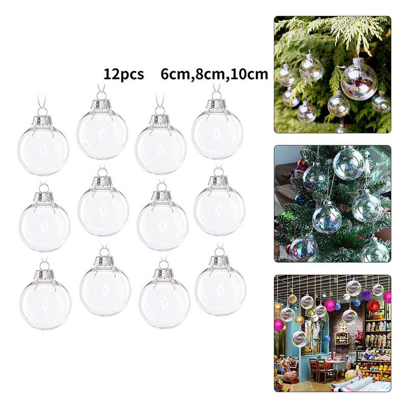Bolas transparentes de vidrio iridiscente, adorno para árbol de Navidad, bola rellenable de plástico transparente, paquete de 12
