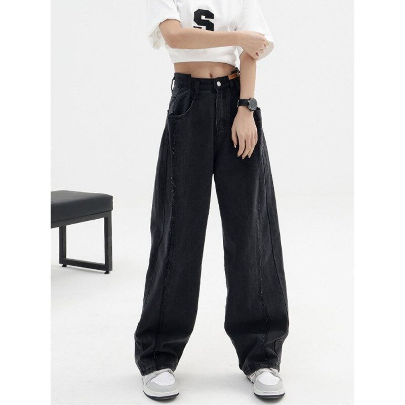 Deeptown celana jins Vintage Y2k, celana Denim hitam kaki lebar Harajuku, celana Denim pinggang tinggi wanita, celana Streetwear Korea 2024
