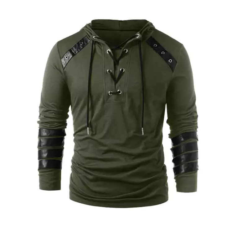 Hooded Men Gothic Steampunk Hoodie Shirts Sweatshirt Lace Up Long Sleeve Pullover Green Hooded Adult Boys Casual Blouse Tops