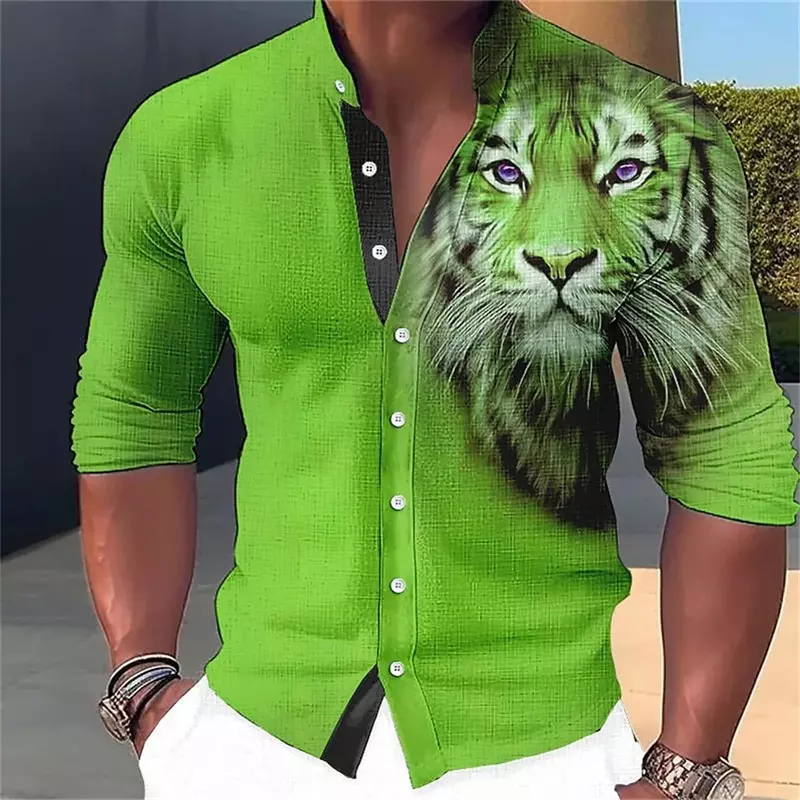 New Men's Shirt Standing Collar Fashion Leisure Animal Pattern Printing Shirt Outdoor Joint High Quality Fabric Men's Top S-6XL