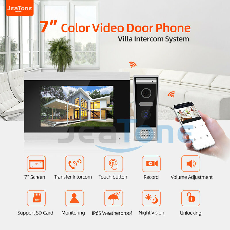 Jeatone 7Inch Tuya IP Video Intercom Full Touch Screen with 32G SD Card Security System WiFi Smart Access Control Doorbell