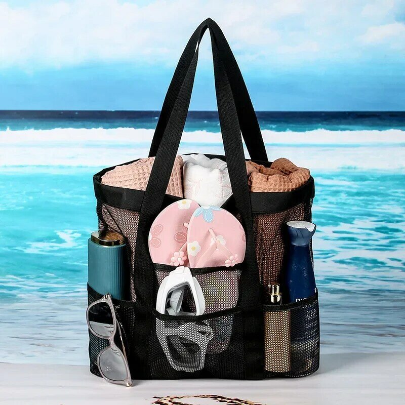 سعة كبيرة شبكة متعددة جيب حقيبة شاطئية قماش شبكي المحمولة السفر غسل حقيبة اللياقة البدنية السباحة حقيبة التخزين حقائب اليد واضحة