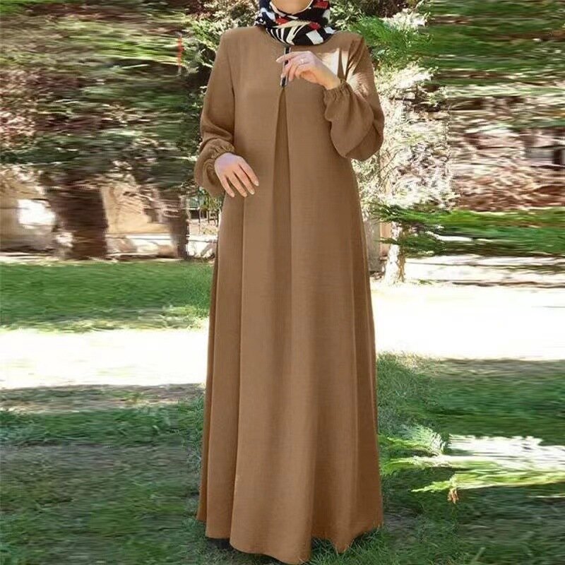 Abaya con scollo a o solido arabo per le donne abito musulmano con polsino elasticizzato solido moda donna abiti semplici a-line Vintage Dubai caftano