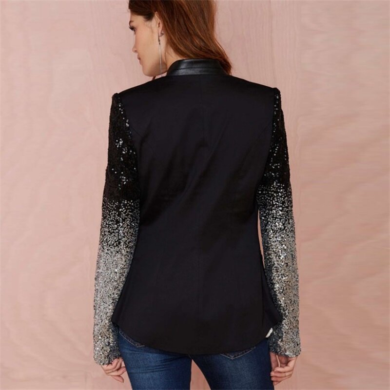 Blazer feminino brilhante de lantejoulas, jaqueta preta para trabalho de negócios, casaco formal casual senhora do escritório, feminino