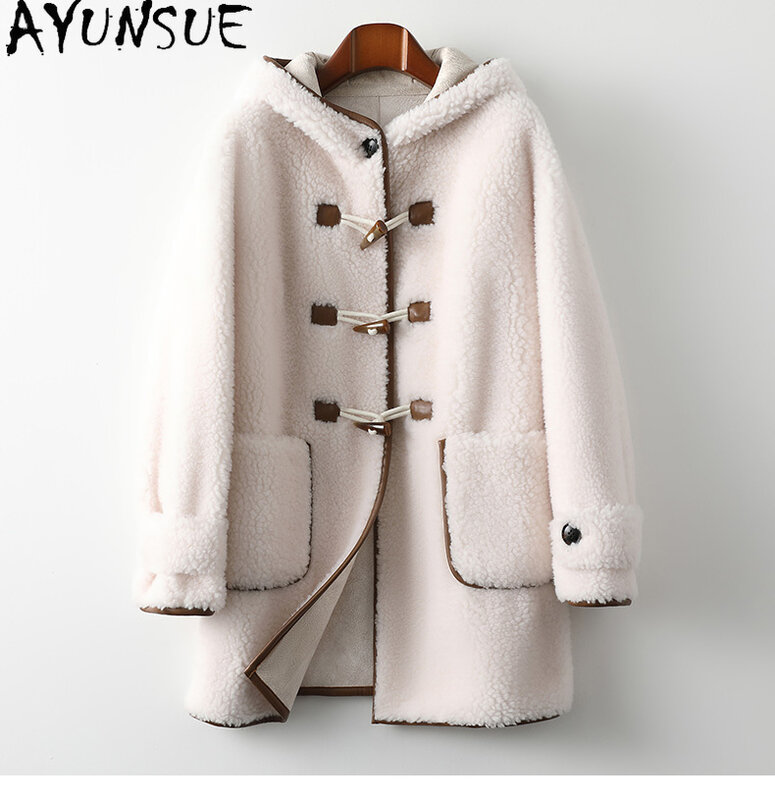 AYUNSUE-Chaqueta de lana con capucha para mujer, abrigo informal de longitud media, elegante, para invierno, 100%, 2023