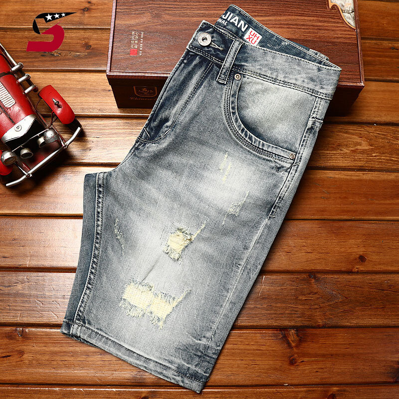 Высококачественные джинсовые шорты в стиле ретро, мужские летние рваные модные брендовые потертые повседневные трендовые брюки в Корейском стиле