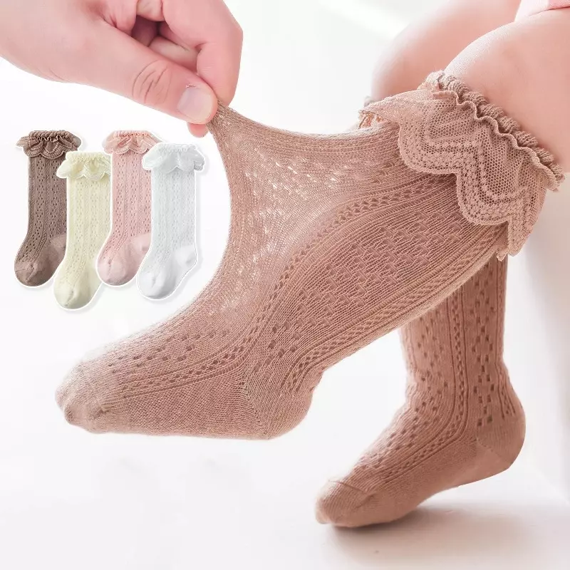 Baby Lace Princess Knee High Socks Kids Girls Boys Long Sock Cotton Mesh Breathable Children Hollow Out Socken for 0-3 Years Old
