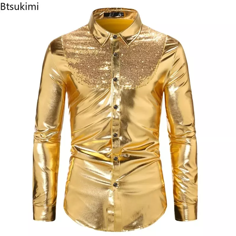 2024 Men's Slim Wedding Party Long Sleeve Shirt Luxury Silk-Like Satin Dress Shirts Tops Male Sequins Design Disco Dance Shirt