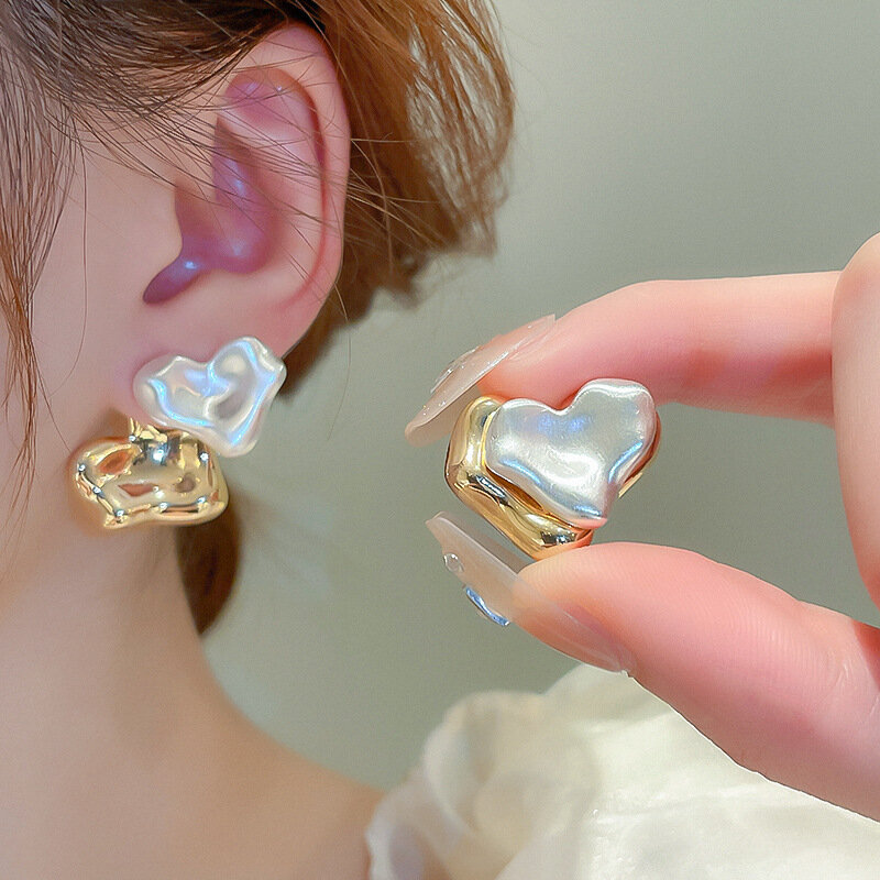 Fashion Jewelry Vintage Two Tone Back With Front Metal Splicing Heart Stud Earrings For Women Female Party Gift ﻿