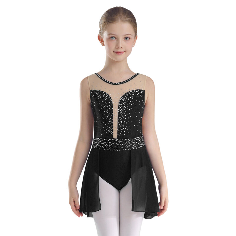 Girls Lyrical Dance Leotard Dress Kids Sleeveless Rhinestones Skirted Leotards for Figure Skating Ballet Performance Dancewear