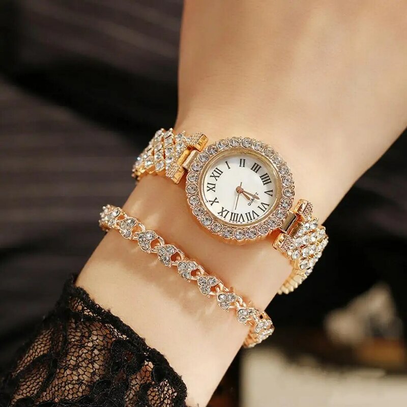 여성용 라운드 다이얼 시계 팔찌 키트, 반짝이는 라인스톤, 상감 로마 숫자 포인터 디스플레이, 정확한 장식 선물, 숙녀