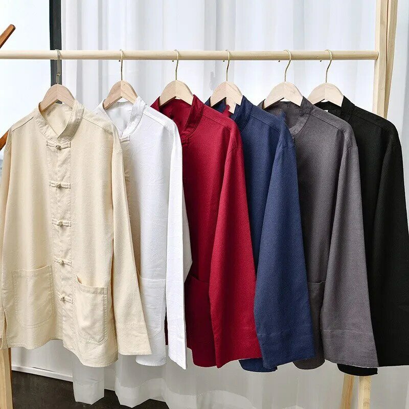Neue Frühjahr Chinesischen Traditionellen Baumwolle Leinen Shirts Männer Weiche Atmungsaktive Taste Unten Langarm Tang Anzug mit Tasche