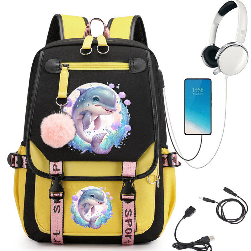 Dreamy Cute Dolphin Print School Backpack Cartoon School Bag Student Teens Bookbag Laptop Mochila Travel Backpack Kawaii Bagpack