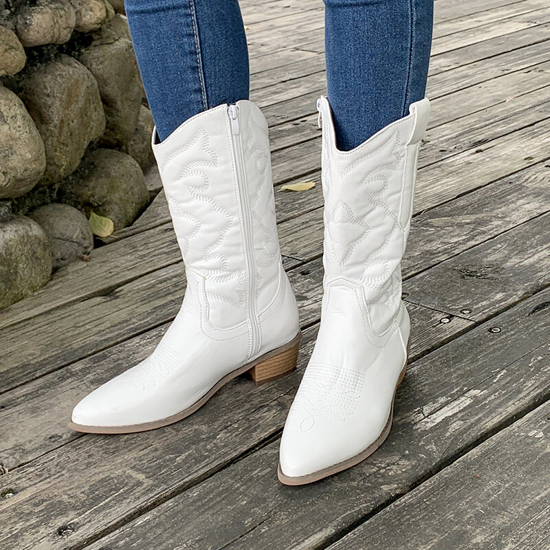 Fashion Ladies Cowboy Boots Winter Female Shoes Women's Pionted Toe Long Boots New Chunky Heel Mid Calf Riding Boots for Women