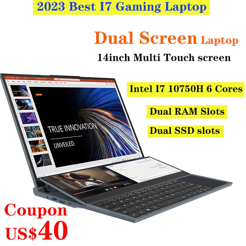 Laptop Gaming Dual-Screen, 14 "Touch LCD, 32GB, 16GB, 8GB RAM, 2TB, 1TB, 512GB SSD, I7, 10ª Geração, 6 Núcleos