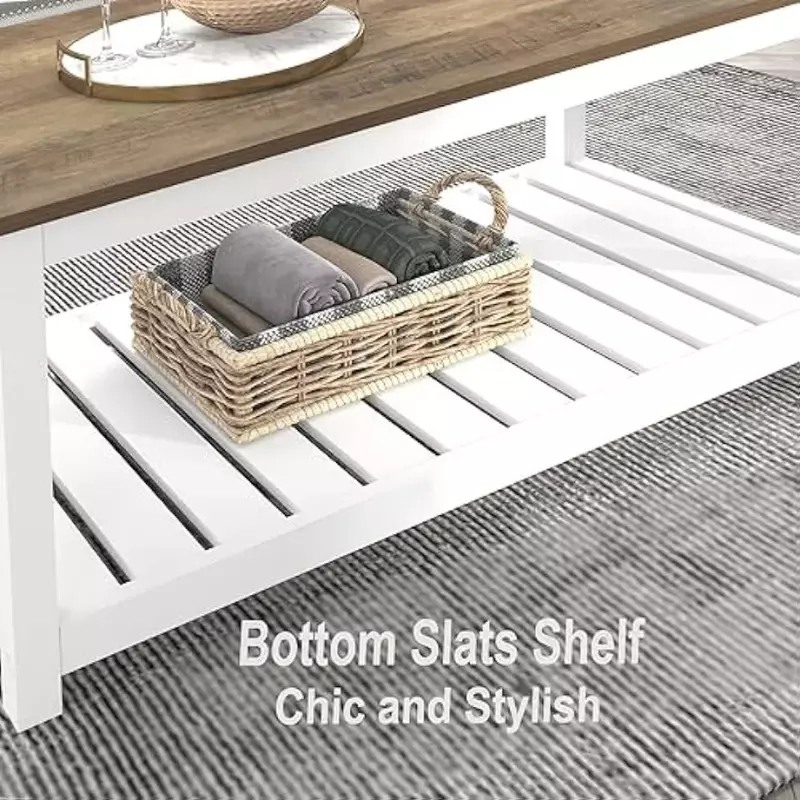 Holzmaserung Oberfläche mit weißem Rahmen Bauernhaus Couch tisch mit Lager regal, rustikalen Vintage Holz Couch tisch für Wohnzimmer