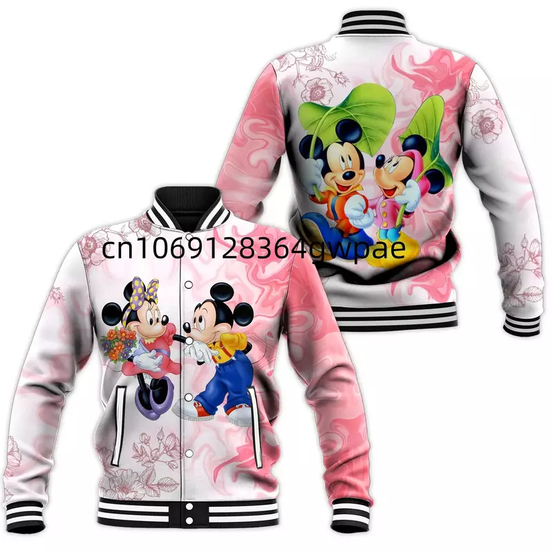 Jaket bisbol Disney Minnie Mouse Pria Wanita, Sweatshirt kasual Hip Hop Harajuku jaket jalanan longgar Varsity