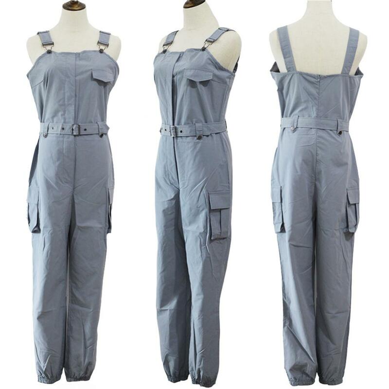 Sleeveless Overall Fashion Jumpsuit Women Pocket Pockets Blet Ankle Tied Long Pants Jumpsuit