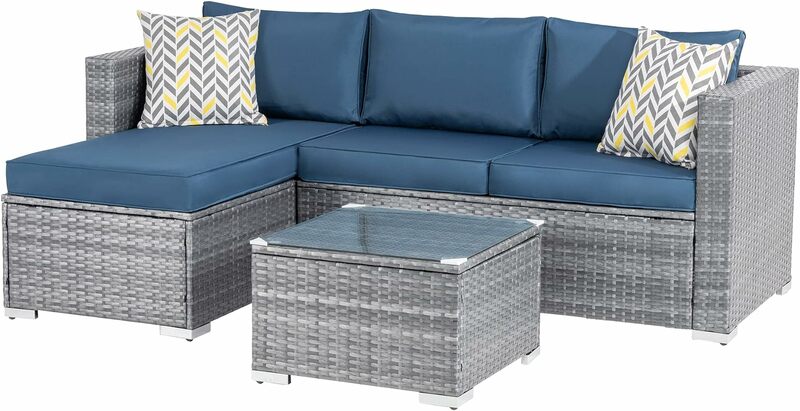 Patio Furniture Sets 3 Pieces Outdoor Sectional Sofa Silver All-Weather Rattan Wicker Sofa Small Patio Conversation Couch