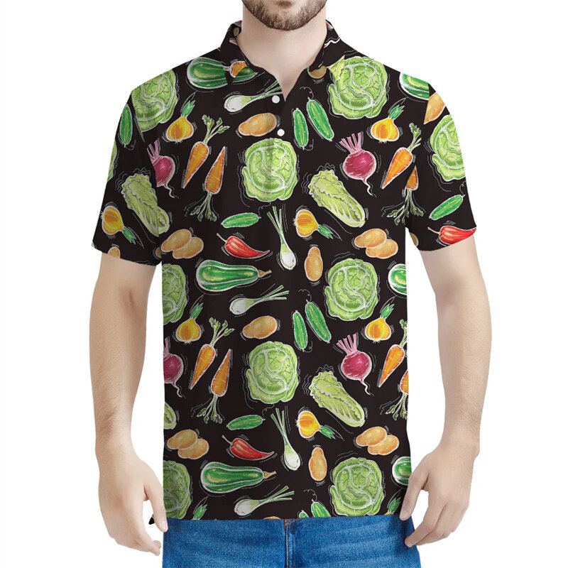 เสื้อโปโลลายผักผลไม้สำหรับผู้ชาย, เสื้อโปโลแขนสั้นพิมพ์ลาย3D เสื้อลำลองกระดุมแนวสตรีทเสื้อโอเวอร์ไซส์ฤดูร้อน