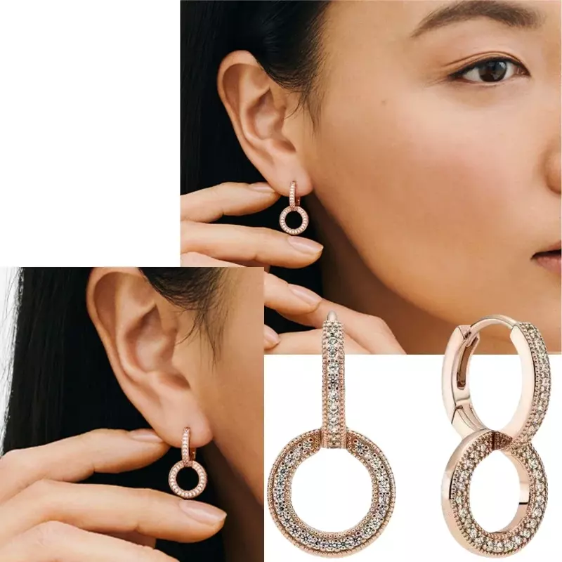 925 Sterling Silver Sparkling Double Hoop Earrings Pave Moments Elegance Earring for Women Jewelry Gift