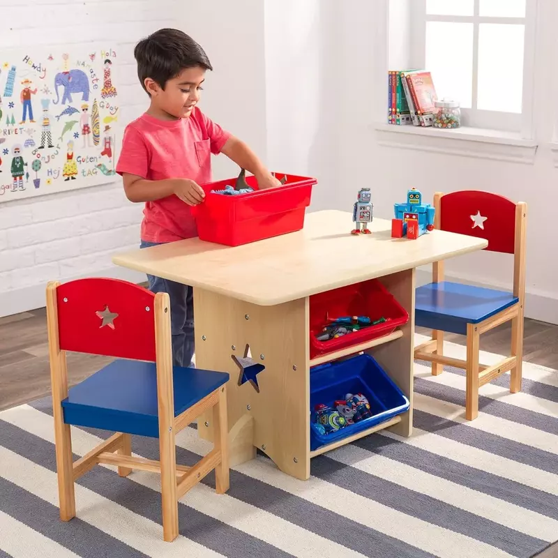 ชุดโต๊ะและเก้าอี้ไม้รูปดาวพร้อมถังเก็บของ4ถังเฟอร์นิเจอร์เด็ก-สีแดงสีน้ำเงินและธรรมชาติ