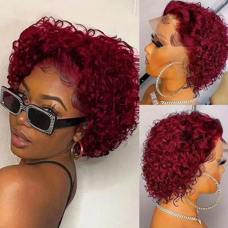 Wig renda merah anggur pendek Set Wig keriting renda depan wanita Wig keriting kecil Afrika dengan tutup kepala rambut manusia