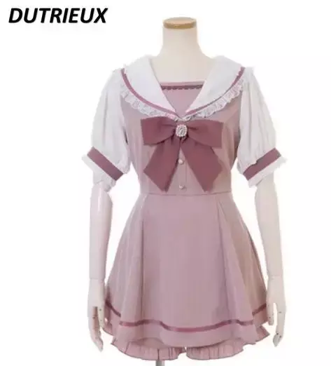 Styl japoński damskie stroje marynarski kołnierzyk kratę Rhinestone sukienka z kokardą zestaw szortów słodka sukienka z serii Lolita Mine dwuczęściowy garnitur