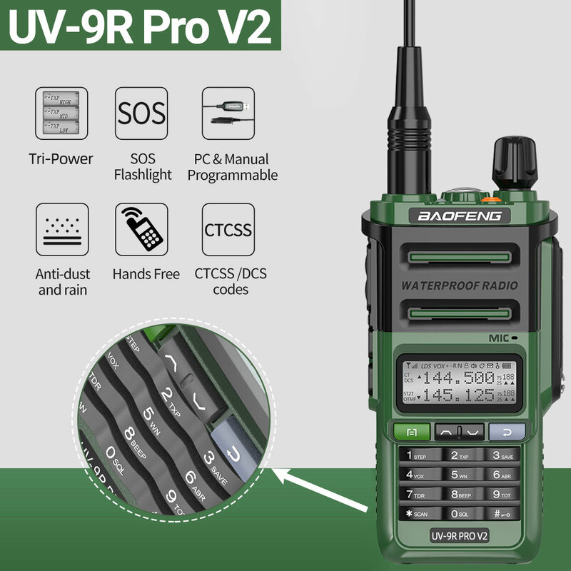 Baofeng UV 9R Pro impermeável Walkie Talkie, Dual Band Ham CB rádio, rádio em dois sentidos, Tri-Power Tipo-C carregador, V2, IP68