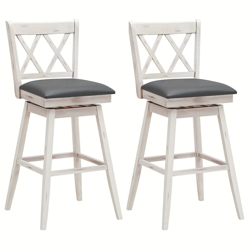2 buah, kursi tinggi Bar putar (18 ''x 19.5'' x 42.5 ''), kaki kayu karet, kursi kayu putih, desain klasik, Meja dapur