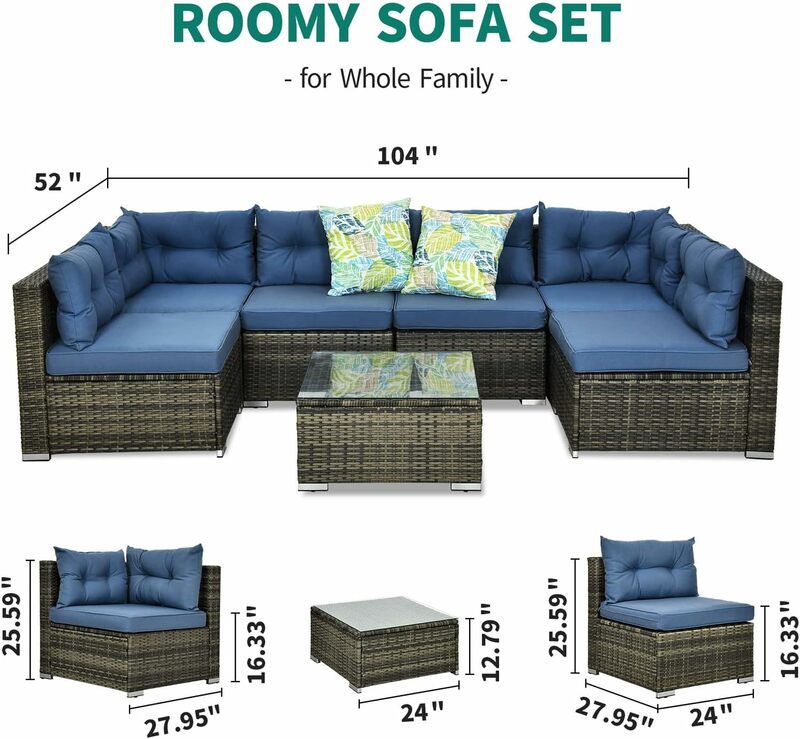 Набор мебели для патио из 7 предметов, уличный комплект для разговора из ПЭ ротанга для любой погоды, плетеный наружный секционный диван с столом