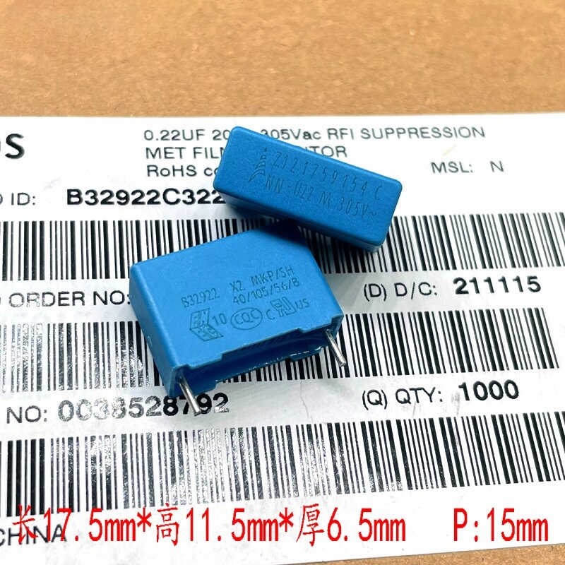 Siemens-Condensador de película EPCOS MKP 224 220nf 0,22 uf 305v, 10 piezas, B32922C3224M