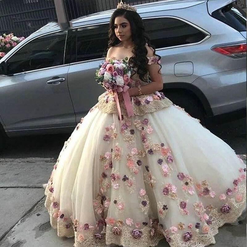 Vestidos Quinceanera mexicana Querida fora do ombro Heavy Flower Princess Ball Gown Prom Dress Sweet 15 16 Plus Size