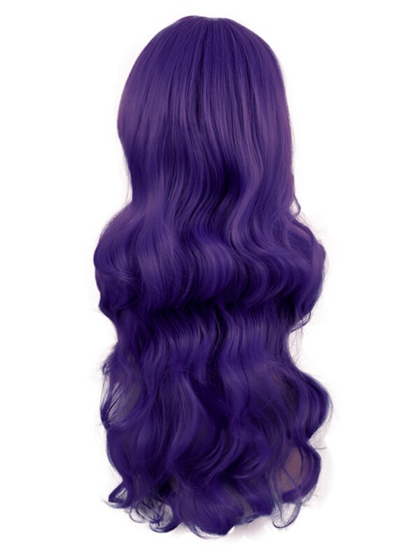 Wig Cos rambut panjang wanita Anime berombak besar keriting 70cm ungu gelap tutup kepala poni samping Qi
