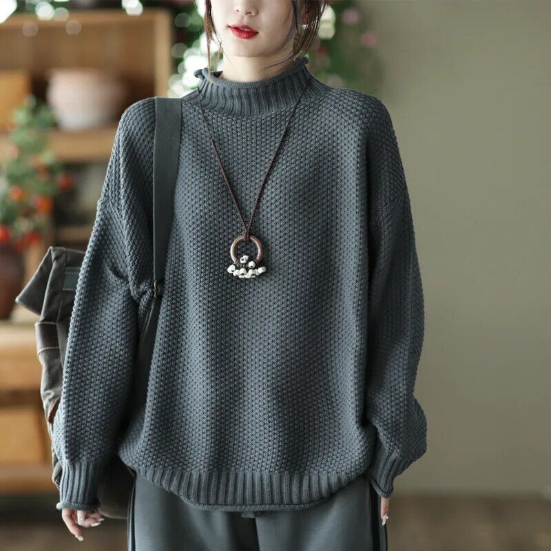 Fall Winter Retro Women Knitted Pullover Loose Casual Literary Versatile Elegant Long Sleeve Tops Fashion Simple Female Knitwear