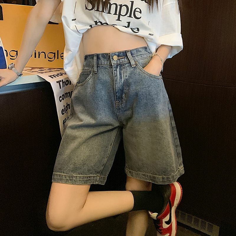 Elastic Waist Denim Shorts for Women's Loose Fitting Summer New Retro Hong Kong Style Capris Versatile Slim High Waisted Pants