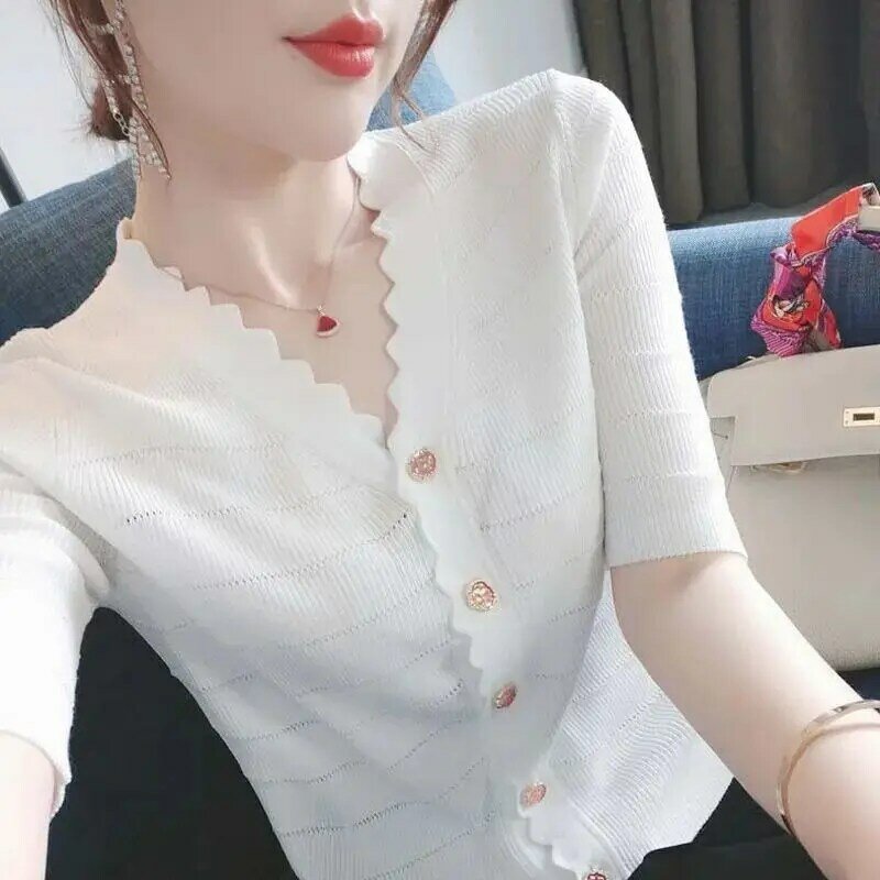 Fashion V-Neck Button Knitted Solid Color Hollow Out Shirts Women Clothing 2024 Summer New Loose Korean Tops Commute Blouses