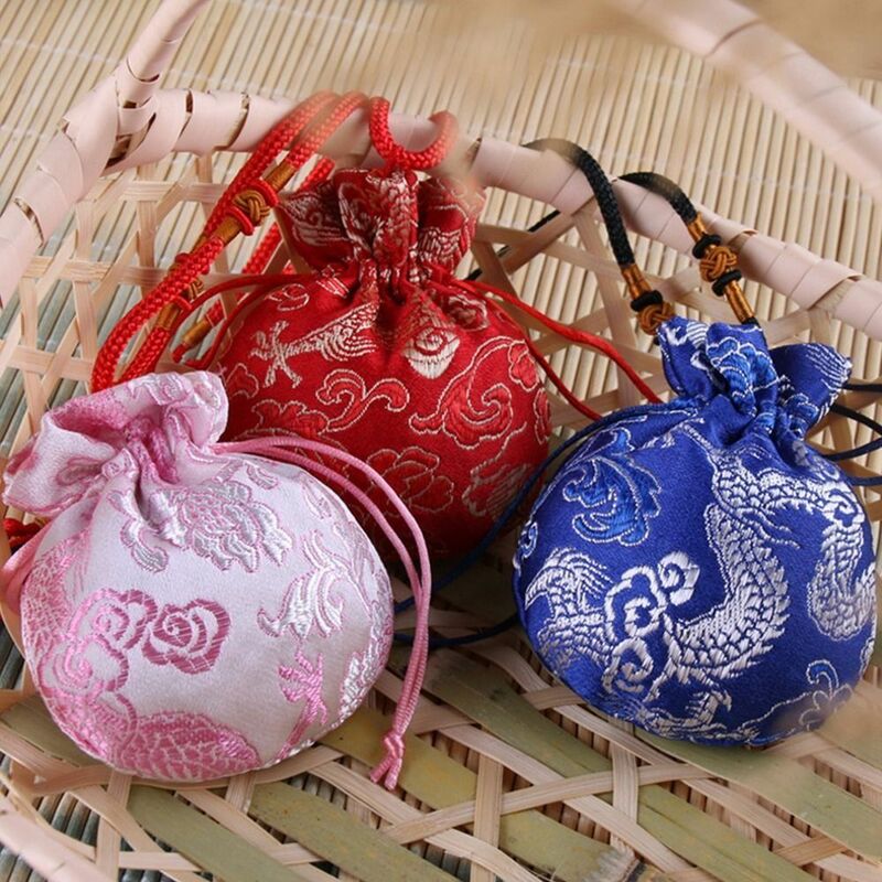 Saco de armazenamento estilo chinês para mulheres, saquinho padrão dragão, bolsa de jóias, bolsa bolsa, pano multicolorido, colares