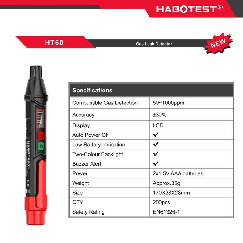 1pc HABOTEST HT60 rilevatore di perdite di Gas tipo a penna analizzatore di Gas combustibile PPM misuratore di allarme acustico visibile portatile